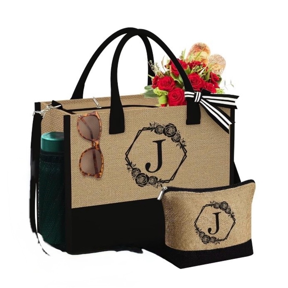 Initial Jute Tote Bag with Makeup Bag (no shoulder strap) EUC
